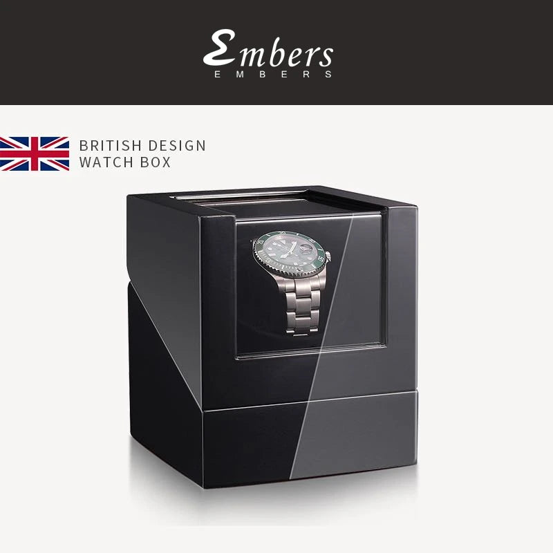 Embers Luxry Wooden Watch Box Single Winder with Glass Storage Automatic Watch Case Battery Powered Shaker Mabuchi Motor