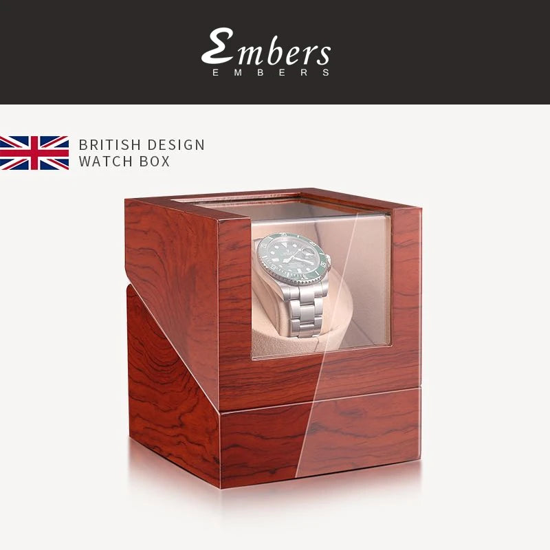 Embers Luxry Wooden Watch Box Single Winder with Glass Storage Automatic Watch Case Battery Powered Shaker Mabuchi Motor