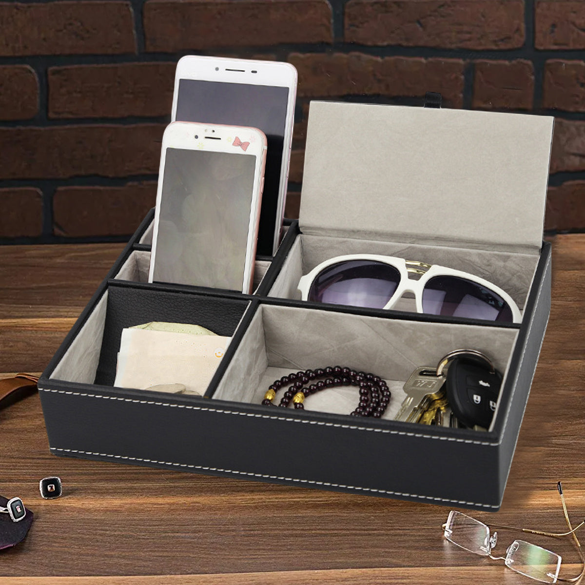 PU Desktop Organizer with 5/6 Compartments Men's Valet Tray Nightstand Jewelry Storage Box for Phone Keys Wallet Watch Glasses