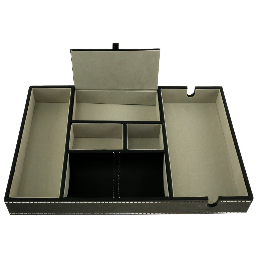 PU Desktop Organizer with 5/6 Compartments Men's Valet Tray Nightstand Jewelry Storage Box for Phone Keys Wallet Watch Glasses