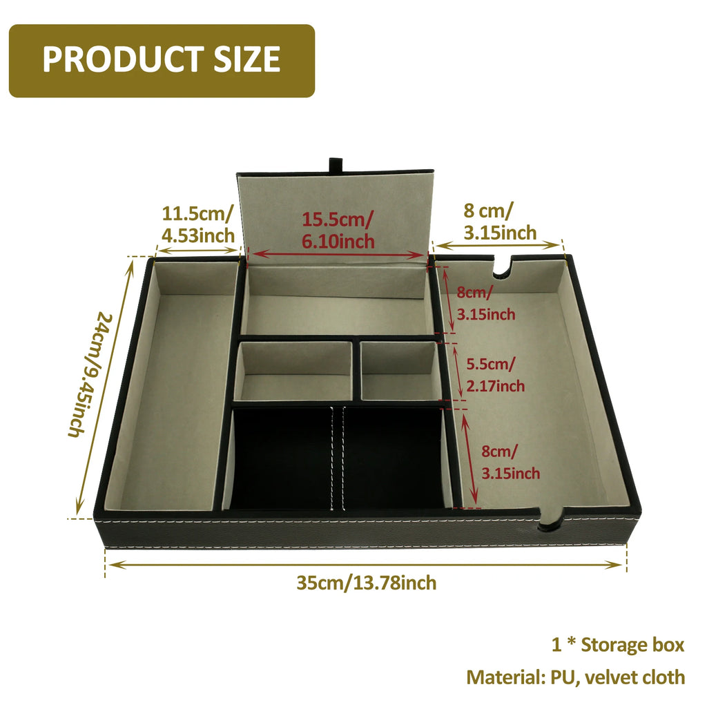 PU Desktop Organizer with 5/6 Compartments Men's Valet Tray Nightstand Jewelry Storage Box for Phone Keys Wallet Watch Glasses