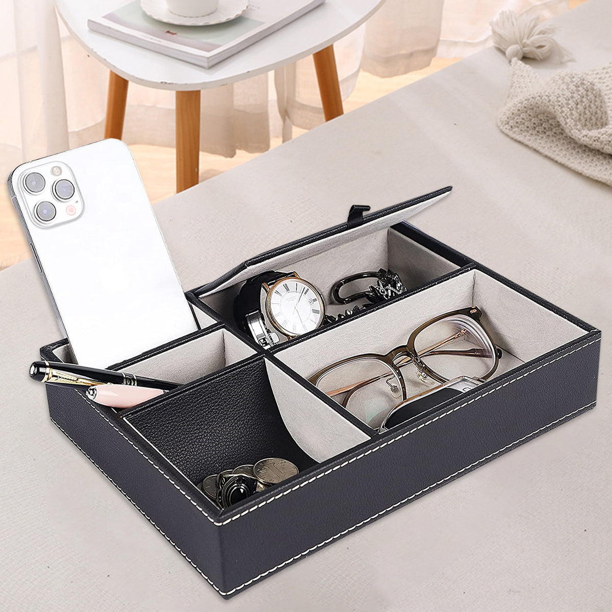 PU Desktop Organizer with 5/6 Compartments Men's Valet Tray Nightstand Jewelry Storage Box for Phone Keys Wallet Watch Glasses