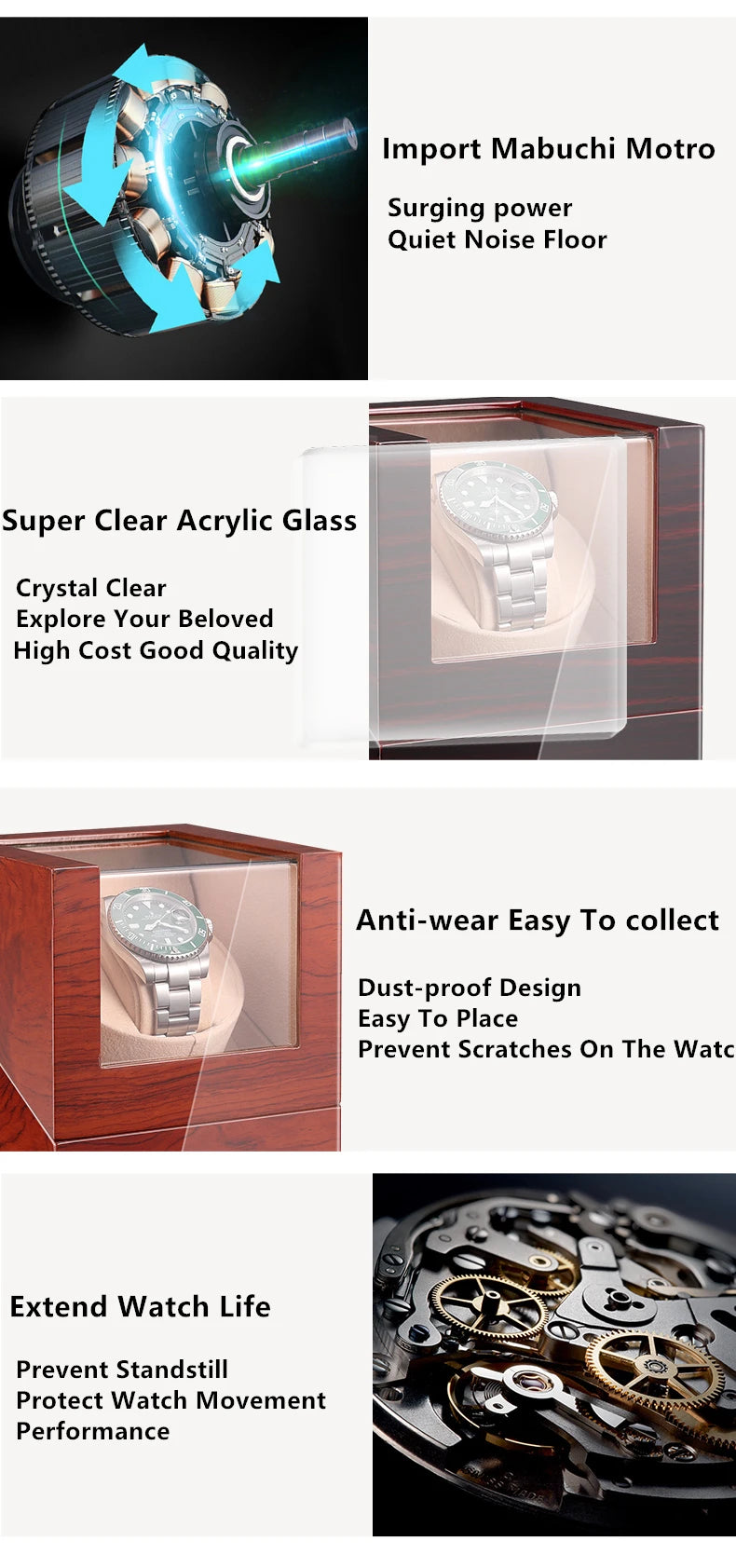 Embers Luxry Wooden Watch Box Single Winder with Glass Storage Automatic Watch Case Battery Powered Shaker Mabuchi Motor