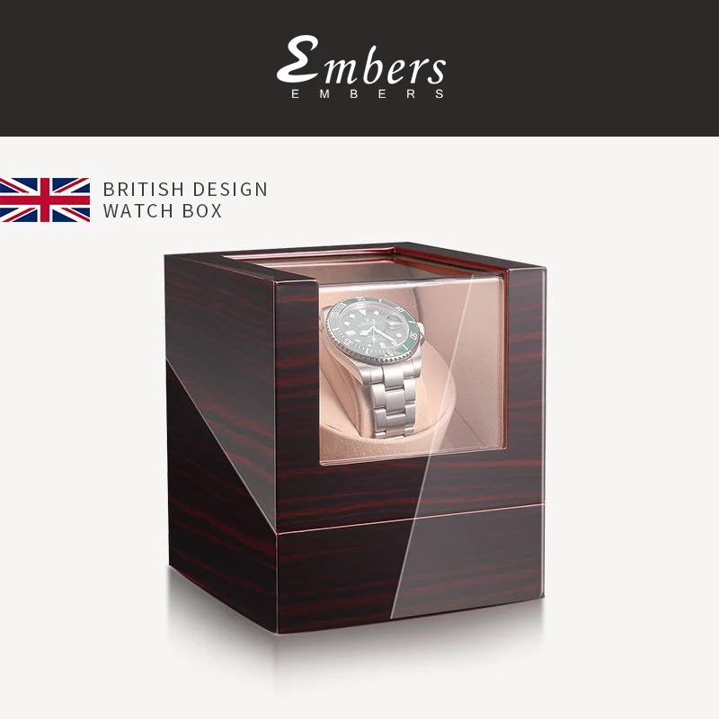 Embers Luxry Wooden Watch Box Single Winder with Glass Storage Automatic Watch Case Battery Powered Shaker Mabuchi Motor