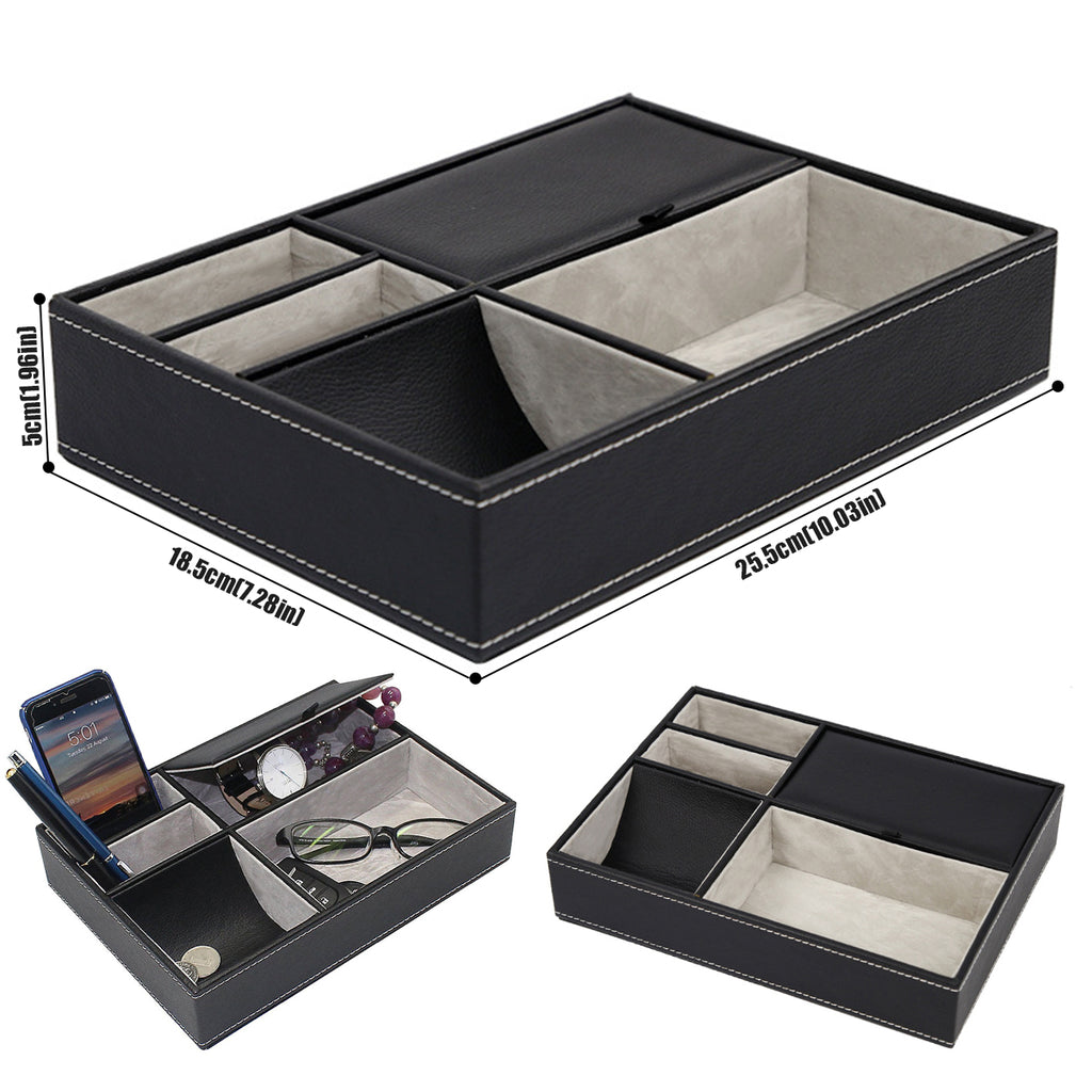 PU Desktop Organizer with 5/6 Compartments Men's Valet Tray Nightstand Jewelry Storage Box for Phone Keys Wallet Watch Glasses