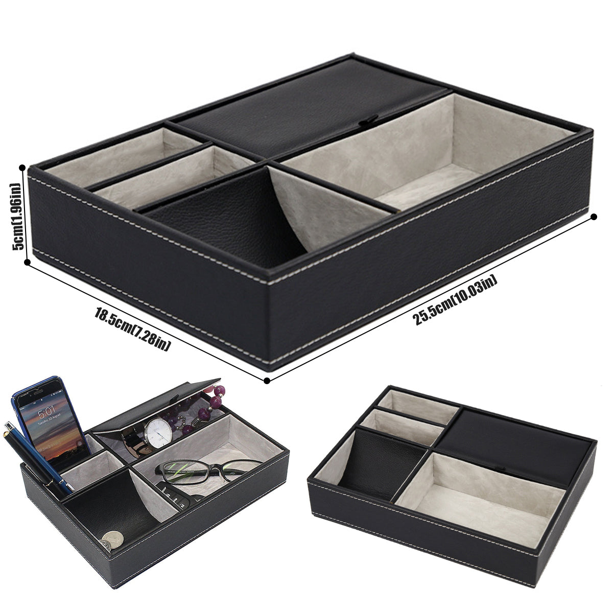 PU Desktop Organizer with 5/6 Compartments Men's Valet Tray Nightstand Jewelry Storage Box for Phone Keys Wallet Watch Glasses