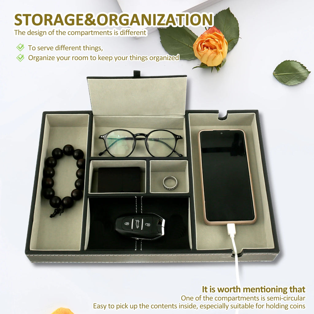 PU Desktop Organizer with 5/6 Compartments Men's Valet Tray Nightstand Jewelry Storage Box for Phone Keys Wallet Watch Glasses