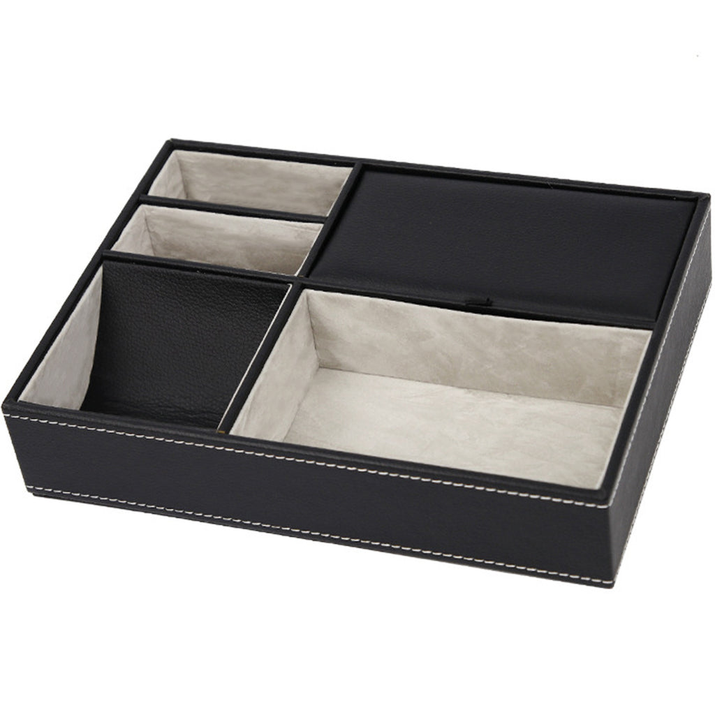 PU Desktop Organizer with 5/6 Compartments Men's Valet Tray Nightstand Jewelry Storage Box for Phone Keys Wallet Watch Glasses