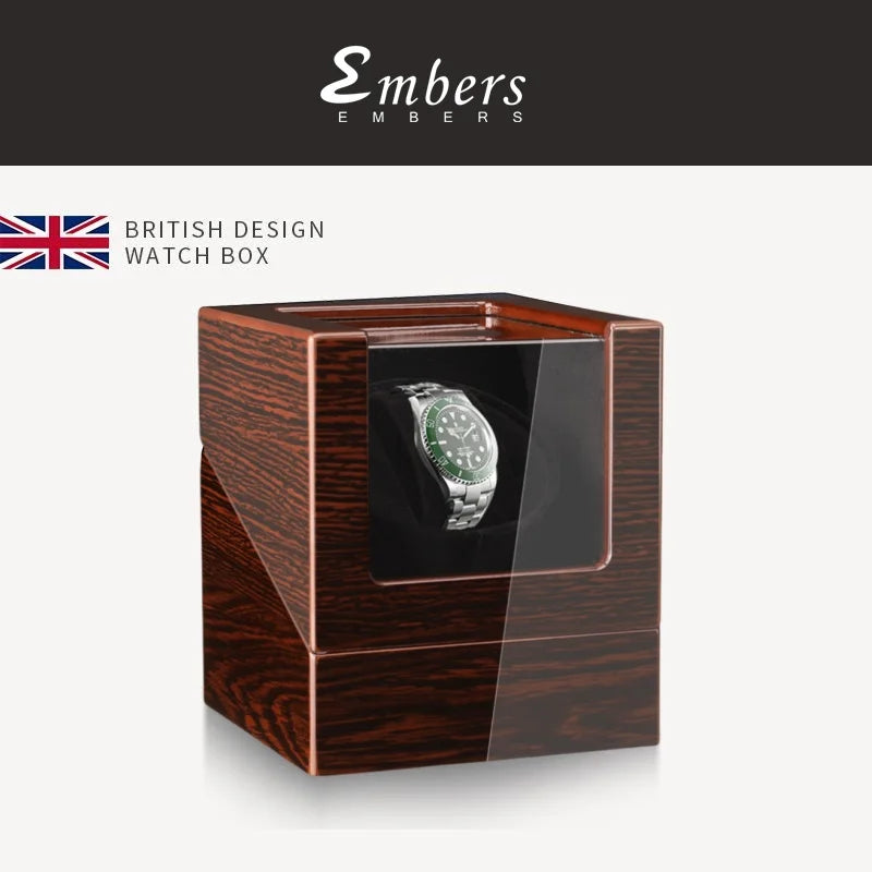 Embers Luxry Wooden Watch Box Single Winder with Glass Storage Automatic Watch Case Battery Powered Shaker Mabuchi Motor