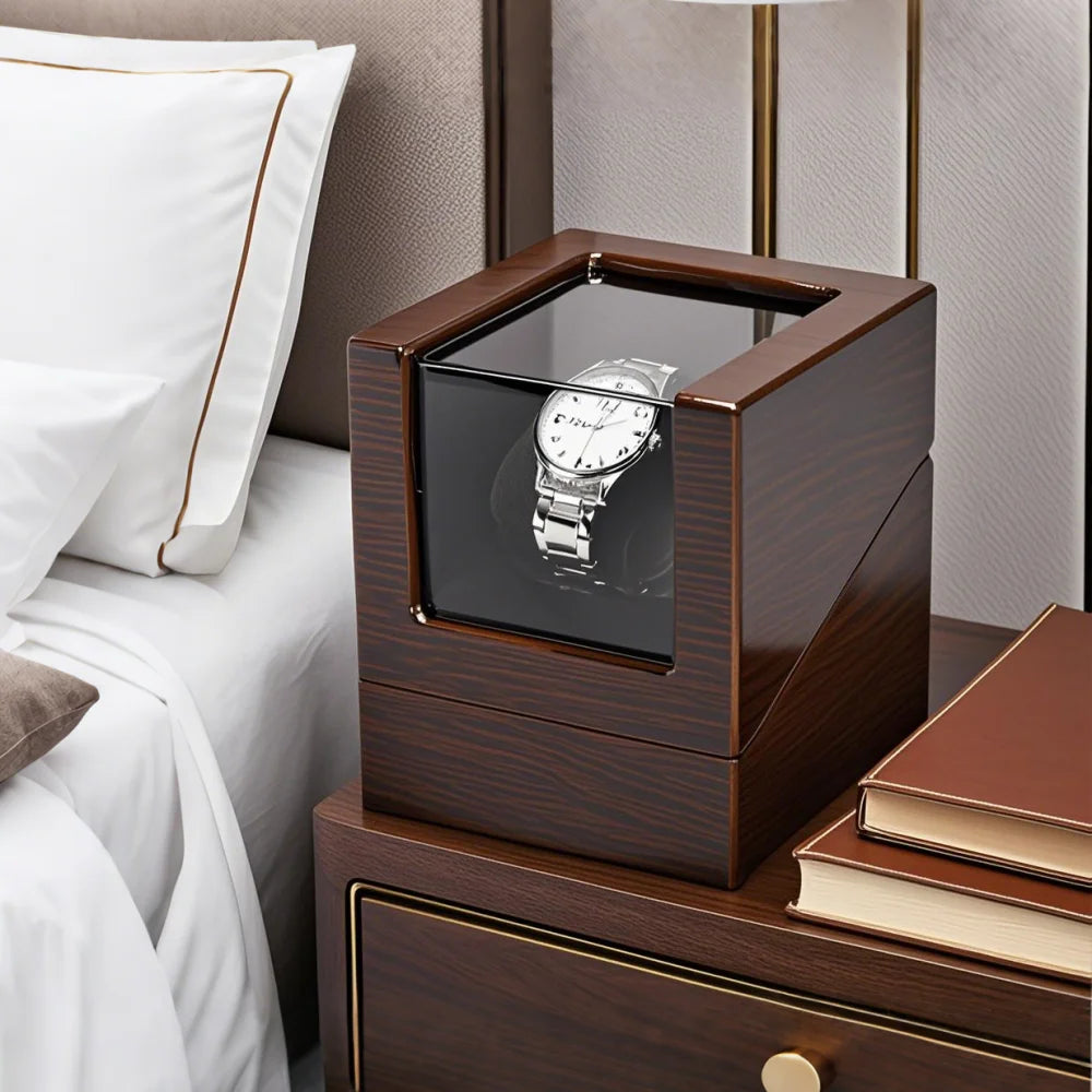 Embers Luxry Wooden Watch Box Single Winder with Glass Storage Automatic Watch Case Battery Powered Shaker Mabuchi Motor
