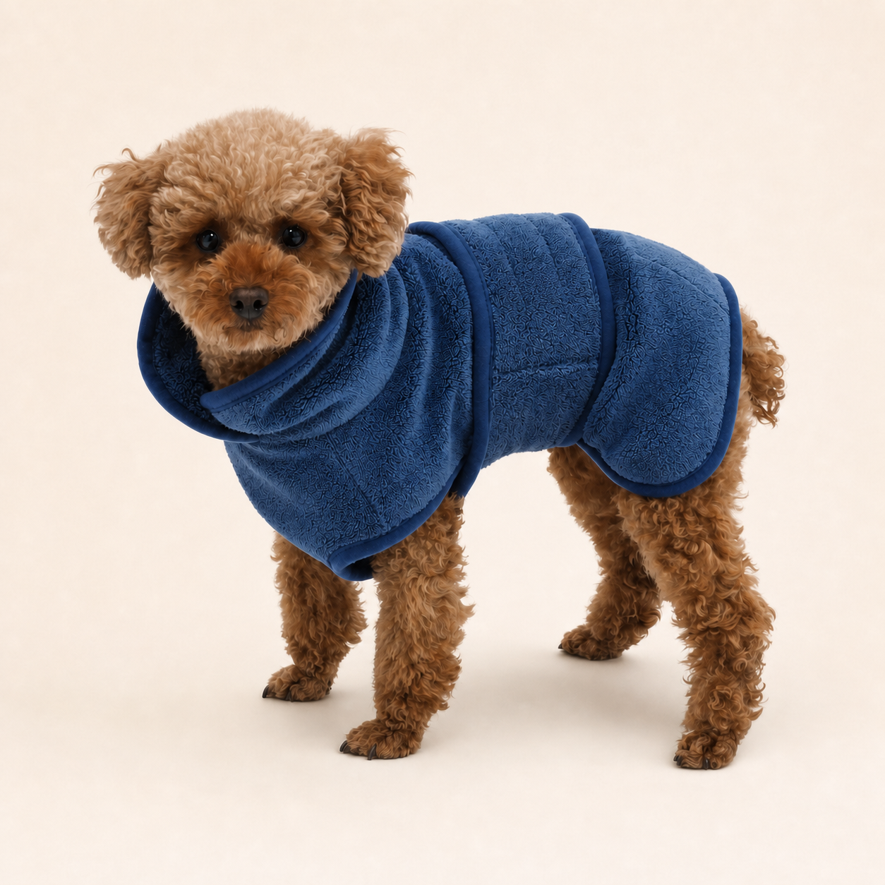 Small brown dog wearing a Blue Bobbin dog drying robe