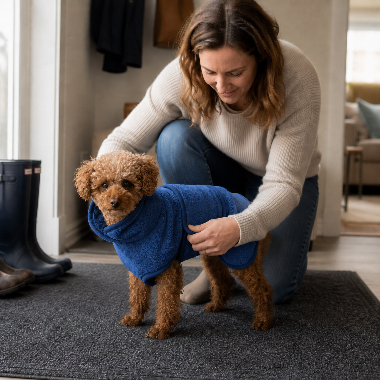 Dog owner fitting a Blue Bobbin drying robe after a rainy walk