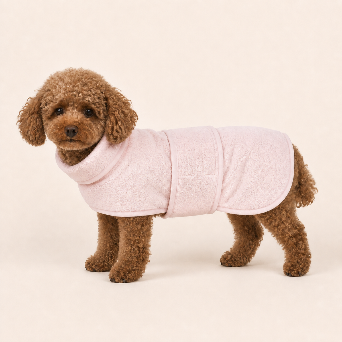 Small brown dog wearing a Pink Bobbin dog drying robe