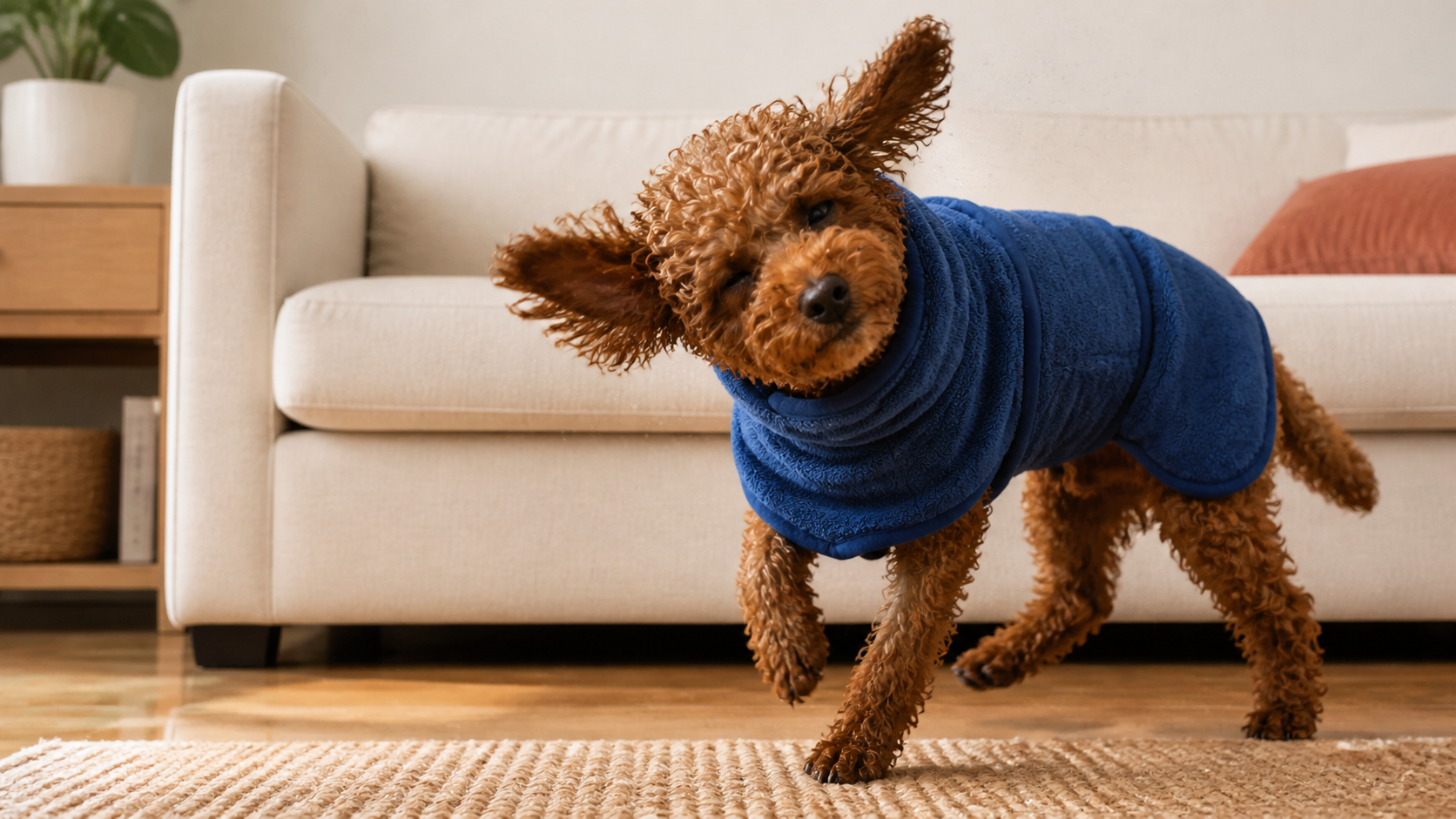 Wet dog shaking while wearing a blue Bobbin drying robe