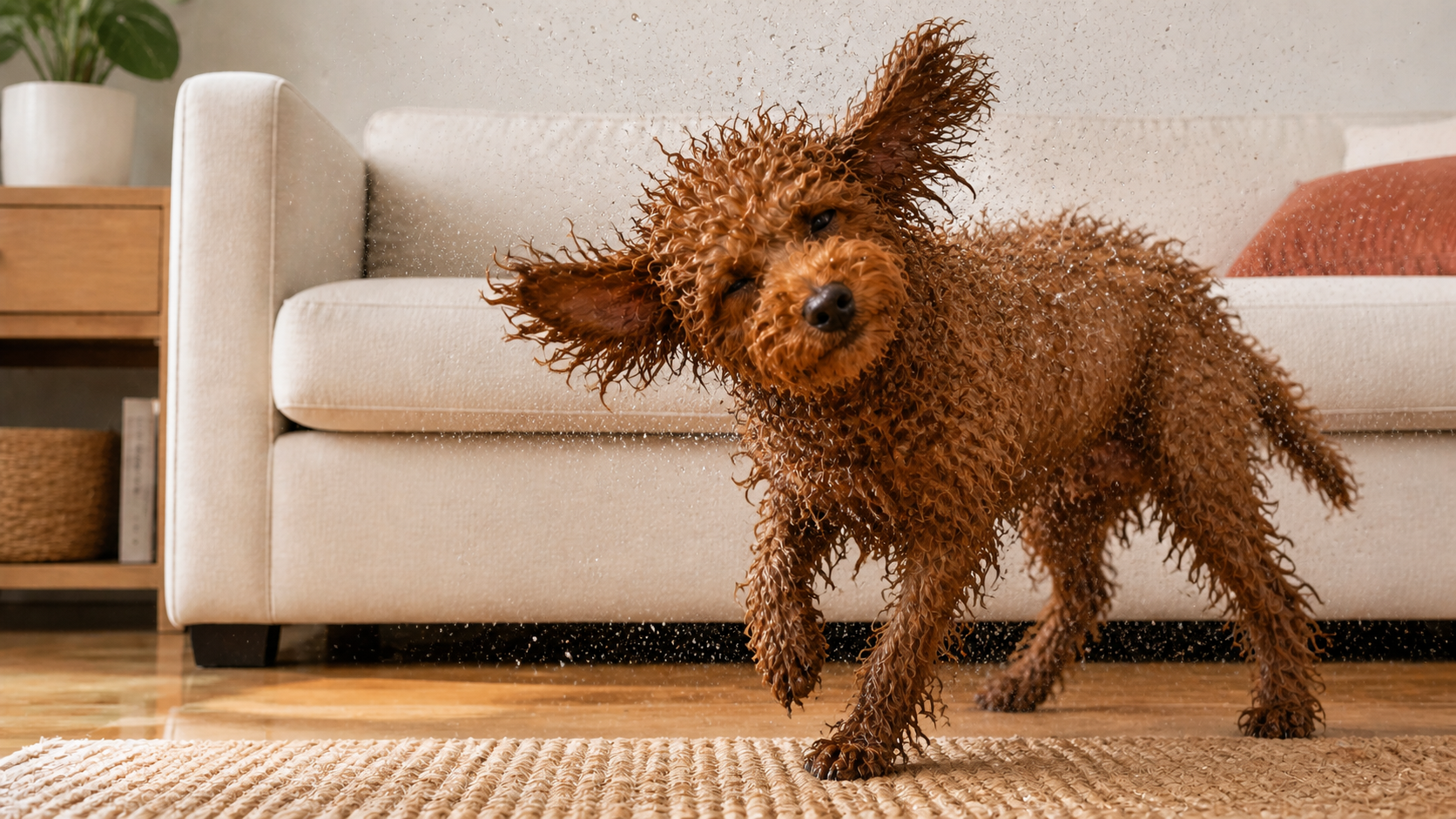 Wet dog shaking water in front of a couch without a drying robe