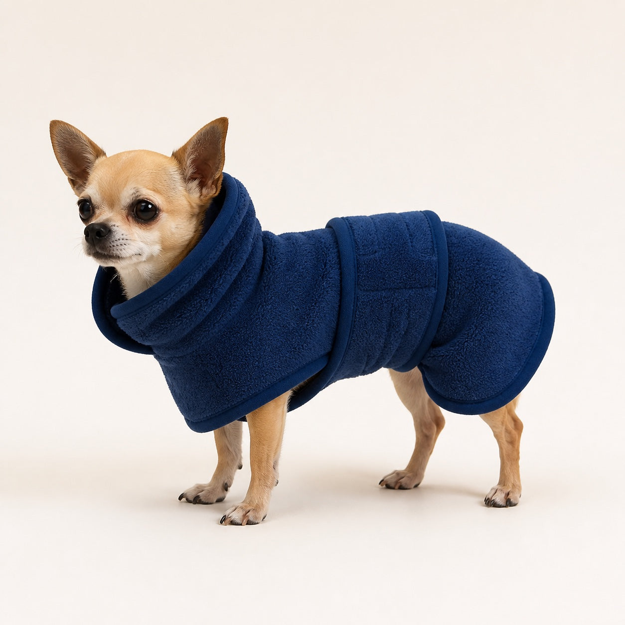 Dog wearing the Blue Bobbin robe in size XXS
