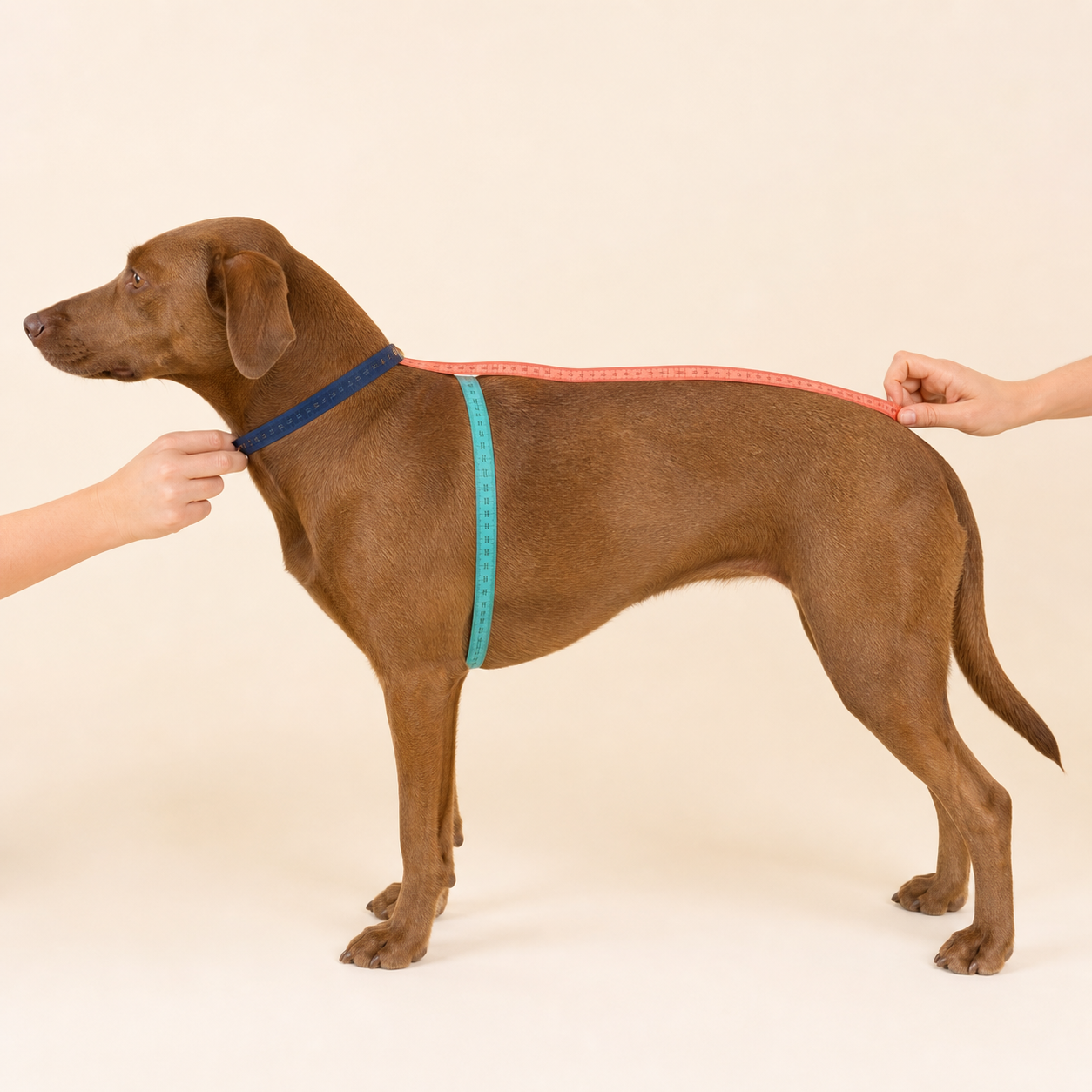 Dog shown in profile with back, chest, and neck measuring tapes